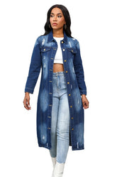 Long Distressed Denim Button-Up Maxi Jacket By Claude